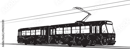 Black and white of a tram on tracks trolley streetcar