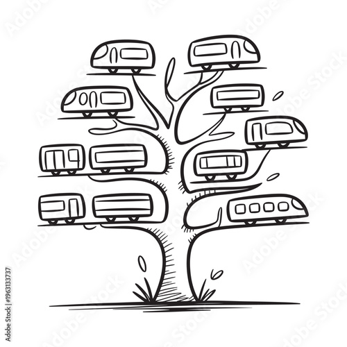 A whimsical tree grows cars instead of leaves in a doodle style