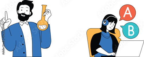 A man in a suit holding a flask pointing while a woman in headphones listens to choices a and b online