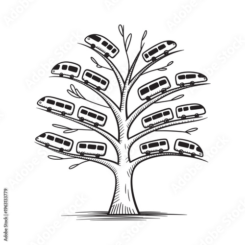 A tree with train cars growing as fruit a symbolic black and white sketch
