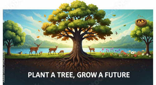 Tree with exposed roots and lush green leaves standing in earth with animals grazing nearby by serene lake at sunset