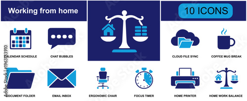 Working from home icon set. Containing calendar schedule, chat bubbles, cloud sync, coffee mug, folder, email inbox, chair seat, focus timer, printer and more. Solid fill vector icons.