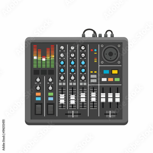 Audio mixer control panel with buttons and sliders for sound engineering