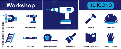 Workshop icon set. Containing clamp vise, drill machine, hammer, hard hat, ladder, level tool, measuring tape, paint brush, safety gloves and more. Solid fill vector icons.