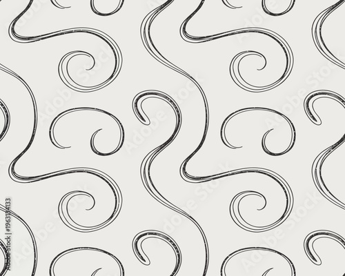 Black and white hand drawn seamless floral vine pattern with leaves and swirls