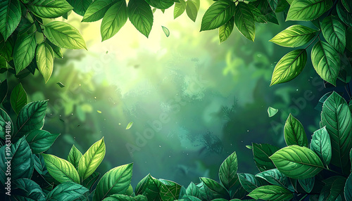 Vibrant green leaves frame a sun-drenched forest canopy, creating a serene and lush natural background, perfect for a fresh nature-themed design