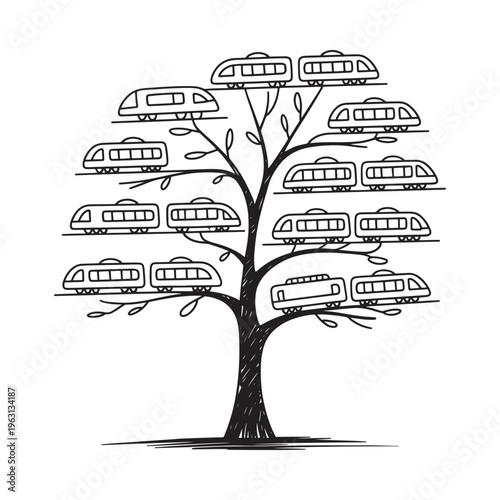 A whimsical tree grows subway cars instead of leaves and fruit