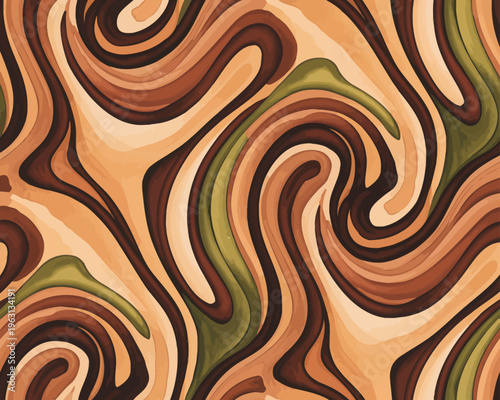 Vibrant seamless pattern with organic swirls in peach green and brown