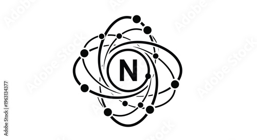 Vector graphic illustration of nitrogen atom structure with electron orbits and nucleus