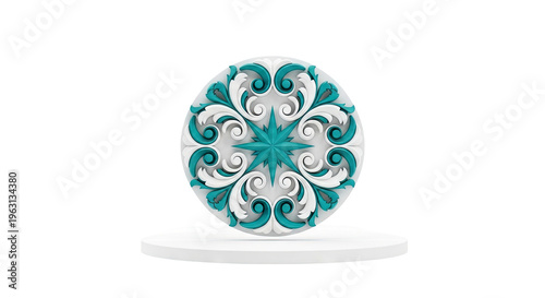 Ornate Teal and White Mandala Design on Pedestal