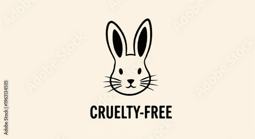 Cruelty free rabbit icon on beige background with black text symbolizing animal rights and ethical products