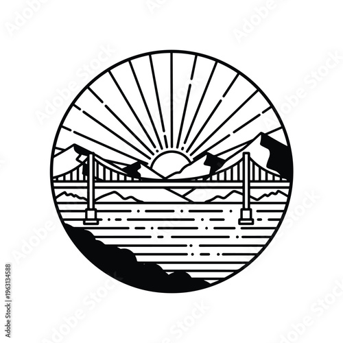 Circular Line Art Illustration of a Suspension Bridge with Rising Sun and Mountains