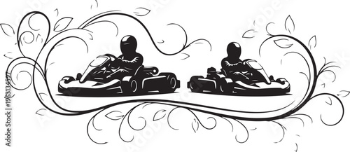 Black and white of two people racing go karts silhouette