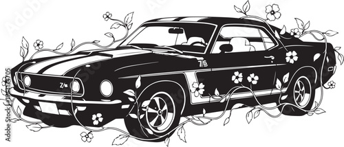Black and white of vintage car with floral mustang