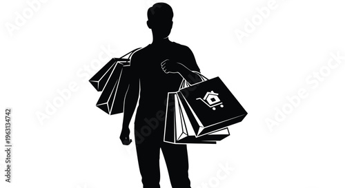 Silhouette of a man carrying multiple shopping bags with a house logo on one bag graphic illustration