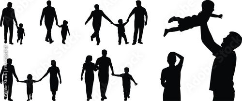 Father and child silhouettes vector set family walking holding hands playing parenting love isolated black figures illustration collection