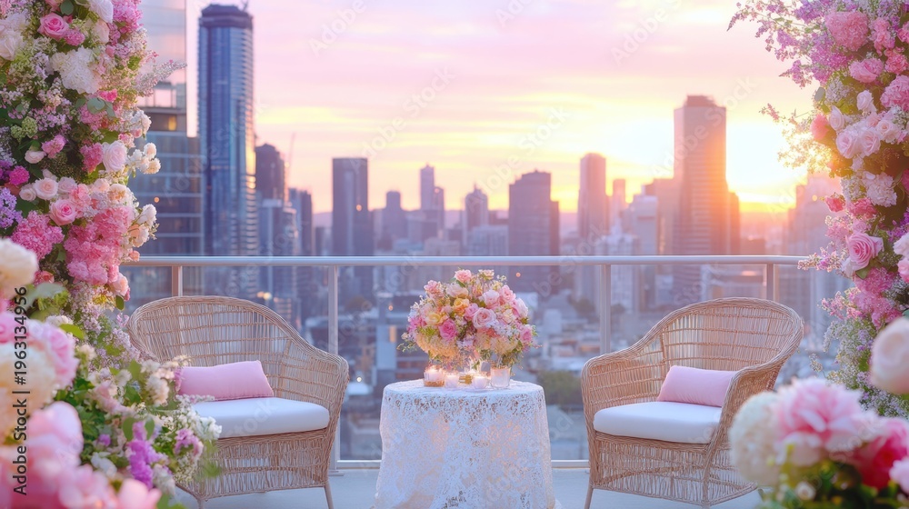 Naklejka premium Romantic balcony setting with flowers and city skyline at sunset