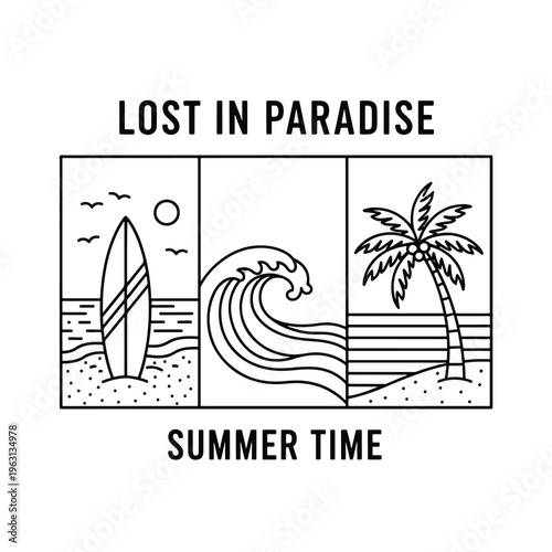 Minimalist Summer Paradise Vector Illustration with Surfboard, Wave, and Palm Tree on Tropical Beach