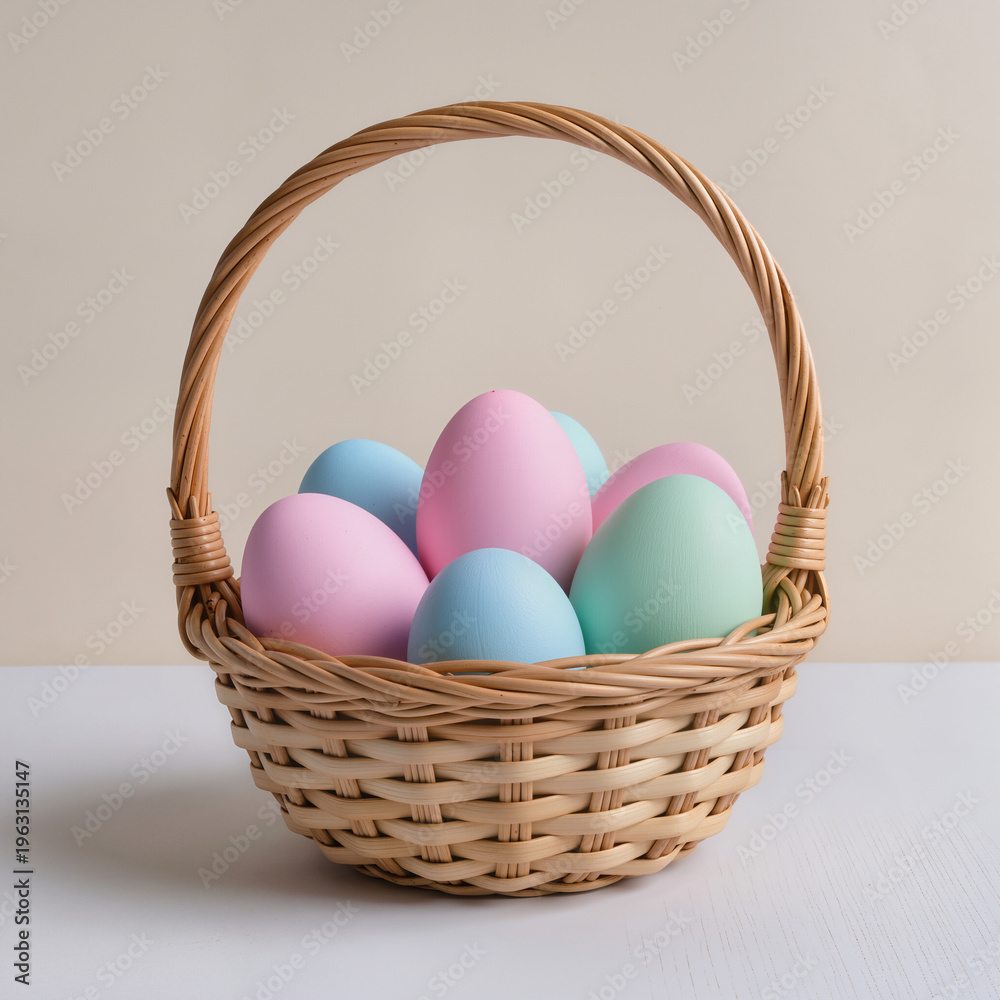 Fototapeta premium Colorful Easter eggs in a wicker basket on a neutral background 