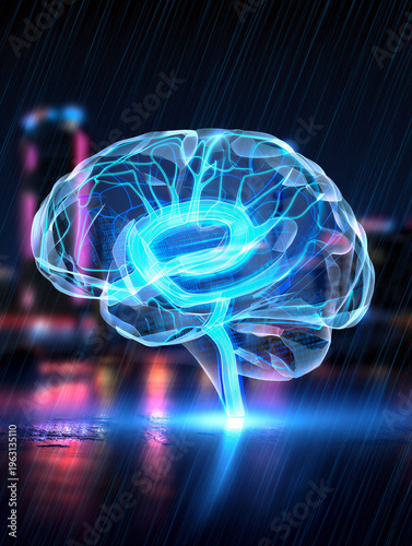 Mind Illuminated: A glowing, ethereal representation of the human brain, radiating with neon light against a blurred cityscape background, symbolizing intelligence, consciousness.