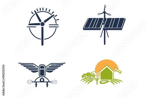 Collection of stylized illustrations depicting renewable energy sources. Featuring wind, solar, and plant powered concepts