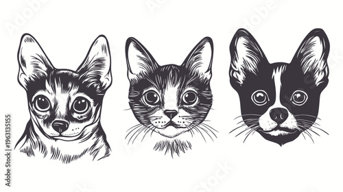 Artistic ink illustrations of three animal faces, two dogs and one cat, on a white background