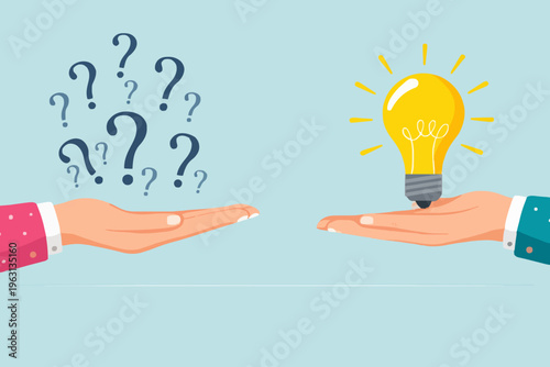 Hands with questions and idea