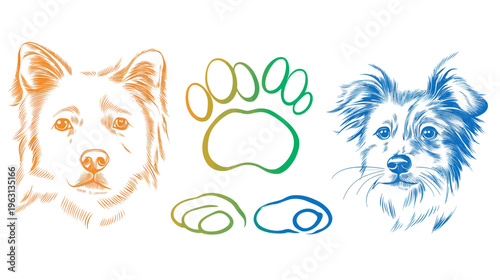 Artistic dog portraits and paw print, using line art and color gradients on a white background
