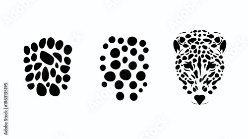Three depictions of a spotted animal, progressing from abstract patterns to a detailed face