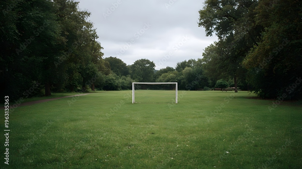 Obraz premium A solitary white soccer goal stands on a lush green field surrounded by mature trees under a cloudy sky