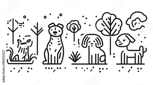 A monochrome illustration of dogs in various poses in a stylized landscape