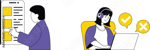 A person checking a checklist on a mobile device while another person listens attentively with headphones and responds positively or negatively