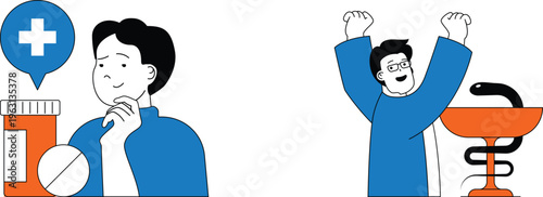 A man worried about medicine next to a joyful doctor celebrating health and healing breakthroughs together