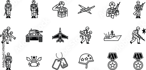 A collection of various military related objects and personnel depicted