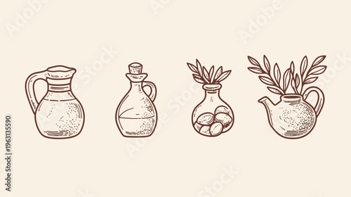 Hand-drawn illustrations featuring olive oil bottles and a teapot filled with olives and branches