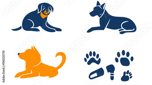 Stylized graphical illustration featuring dogs, dog paws, and related grooming and medication items