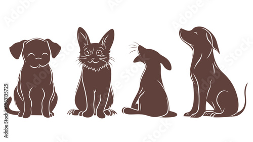 A charming illustration featuring silhouettes of a dog and a cat in various poses on a white background