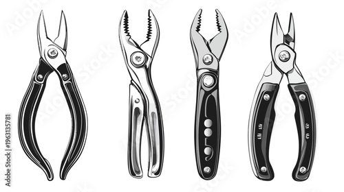 Four different types of pliers in black and white, side by side against a blank white backdrop