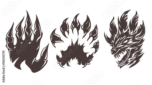 Three stylized, dark brown images paw prints, and a wolf head, all on a stark white background