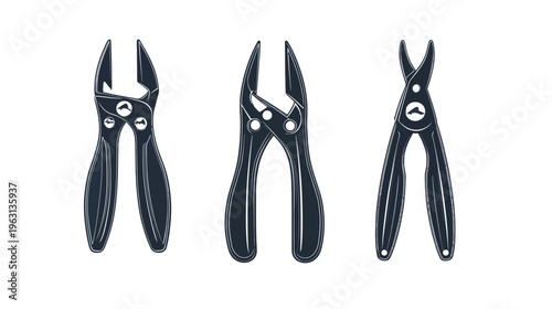 Three minimalist illustrations of pliers in a row on a white background, representing hand tools