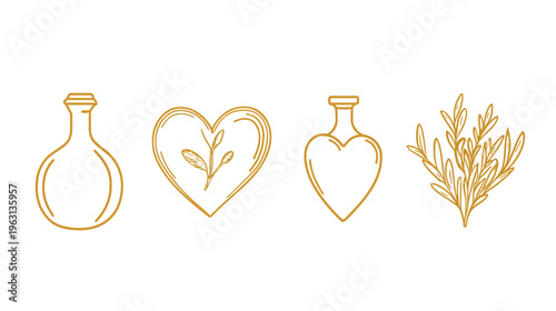 Four line art illustrations in a warm gold color a vase, heart with plant, heart-shaped vase, and foliage