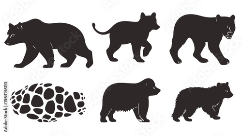 Black silhouettes of bears and a cat, alongside a unique spotted shape, all on a white background