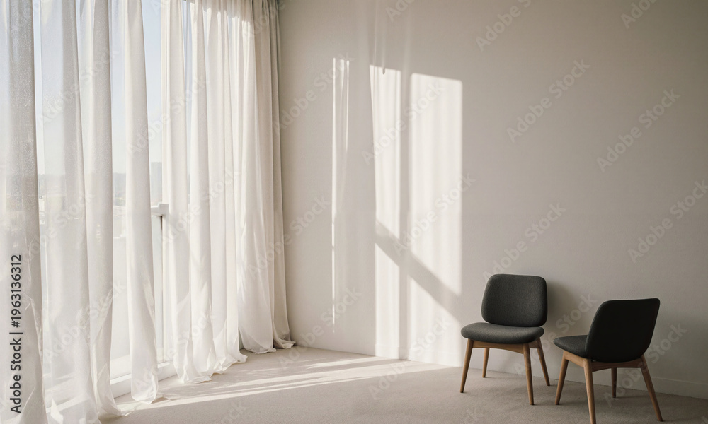 Fototapeta premium Room sunlight curtains minimalist wellness interior with sheer white fabric and two grey chairs in a bright serene atmosphere