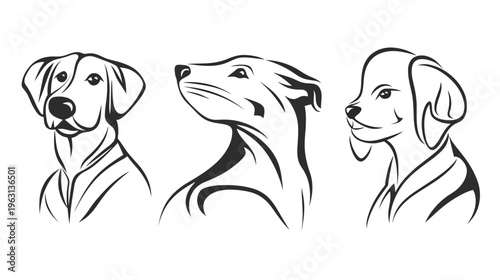Three simple black and white illustrations of dog heads in different positions, on a white background