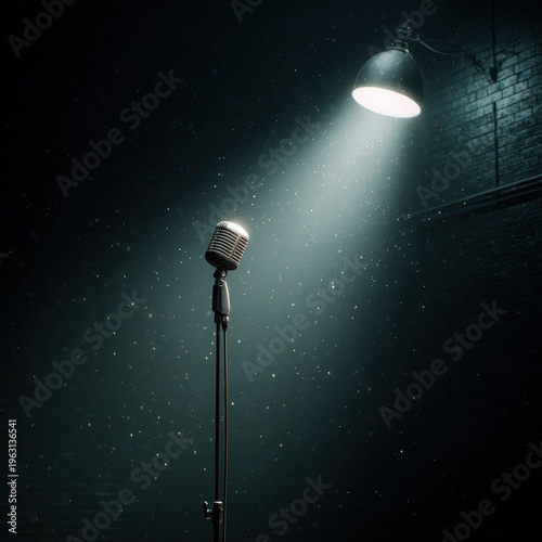 Vintage microphone on stand spotlighted by industrial lamp in dark brick studio, dramatic chiaroscuro lighting noir atmosphere performance stage 3D render