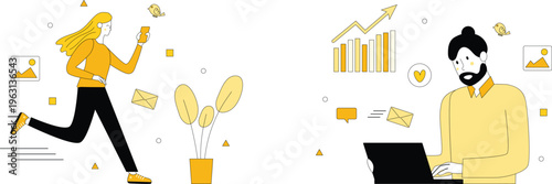 Two people engaged in modern work and communication through technology and growth visualization