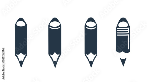 Four black pencils in a row against a white background with a sharpened pencil and a worn pencil