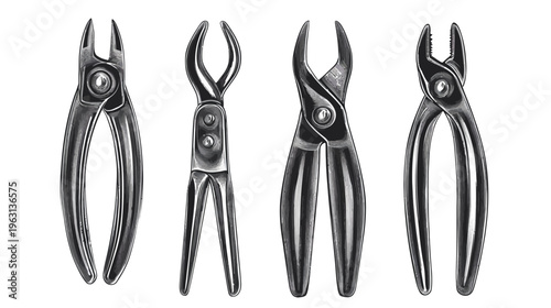 Four monochrome illustrations of surgical instruments, designed as forceps, each with distinct head and handle designs