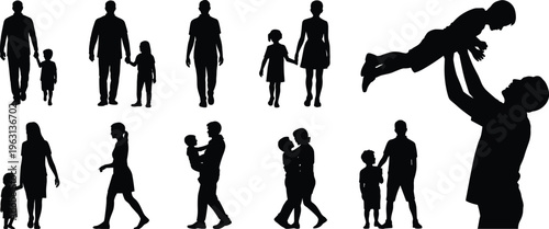 Mother and child silhouettes vector set family walking holding hands playing parenting love isolated black figures illustration collection