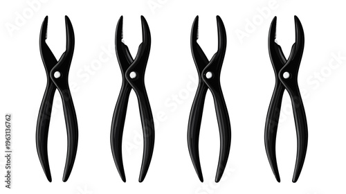Four black pliers on white background. Close-up of tools with teeth. Professional equipment